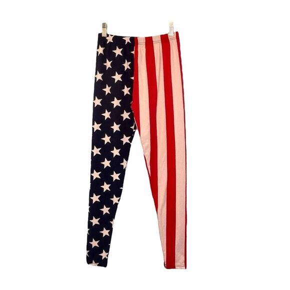 American Flag Print Patriotic Leggings Red White Blue Stars Stripes High-Rise Pu - Picture 2 of 3